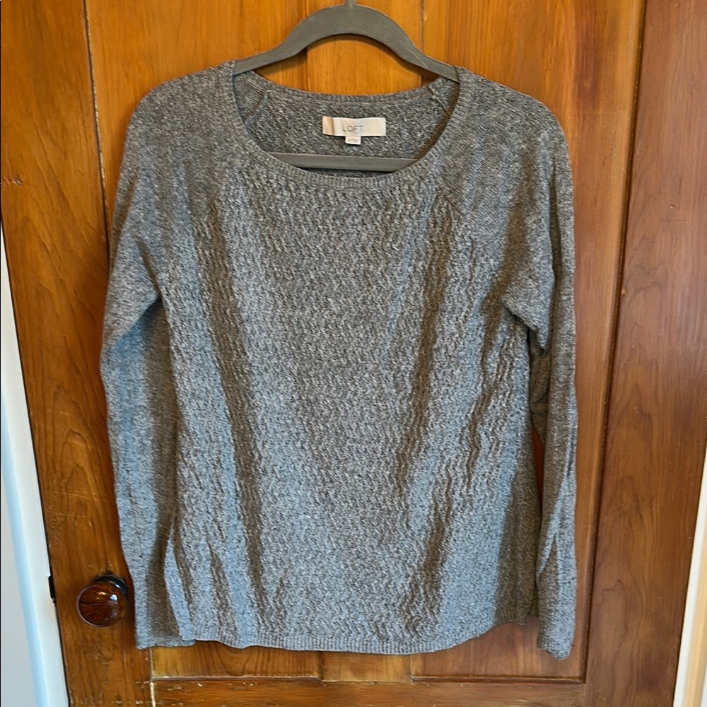 LOFT Gray Crew Neck Sweater with Textured Knit